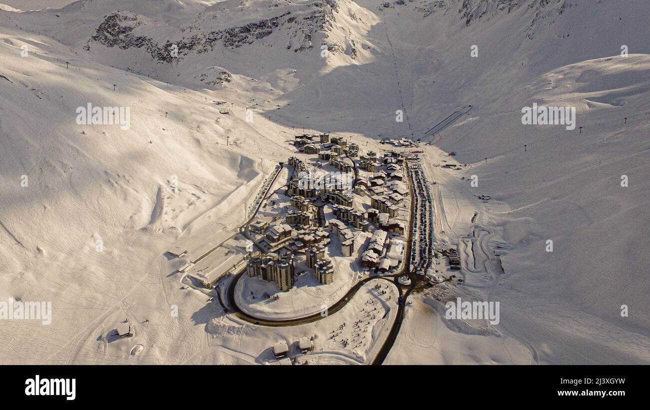 Luftaufnahme von Tignes Val Claret, Tignes, Frankreich Stockfoto