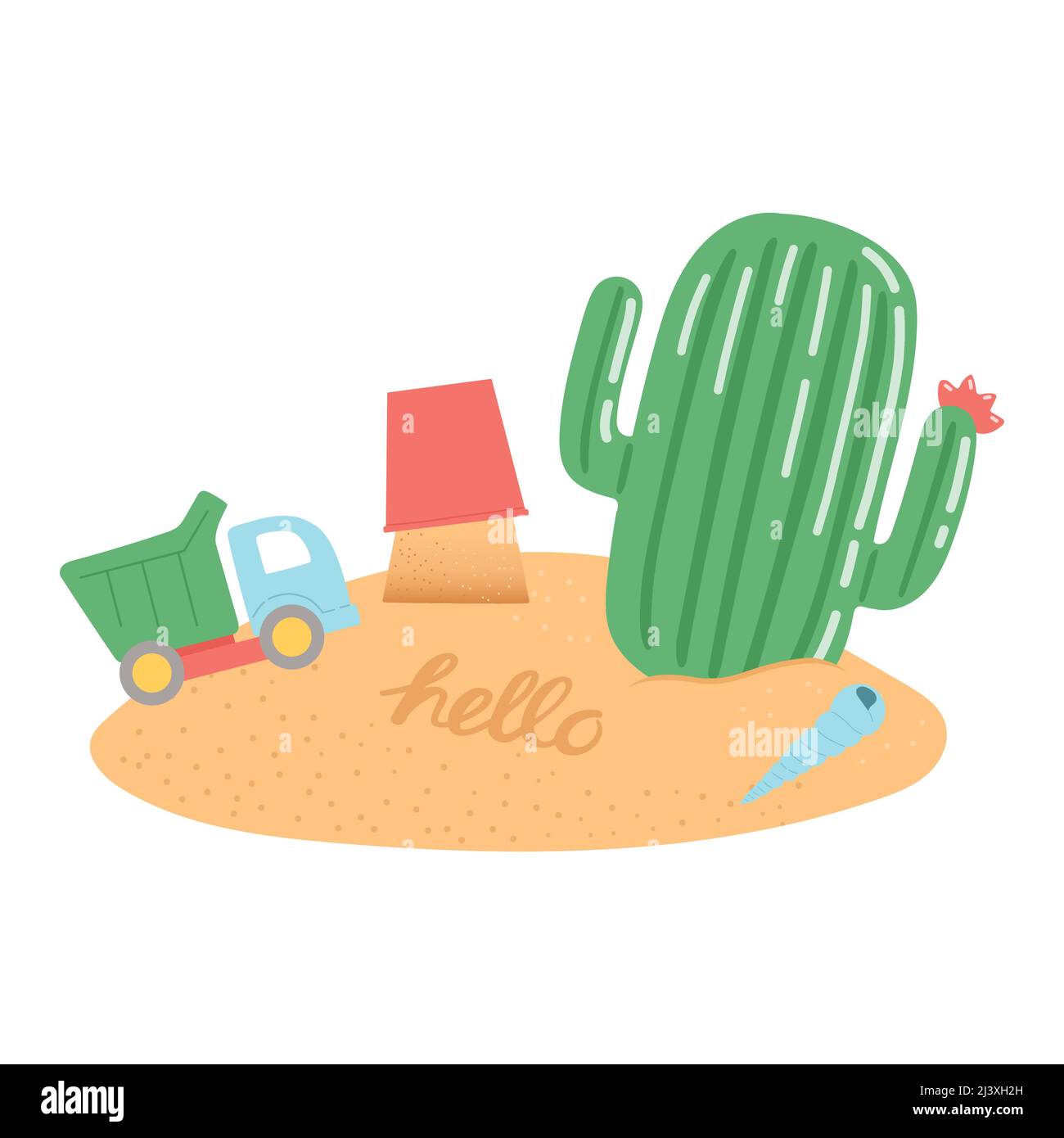 Hallo Sommer Satz von Elementen auf Sand, Vektor Stock Vektor