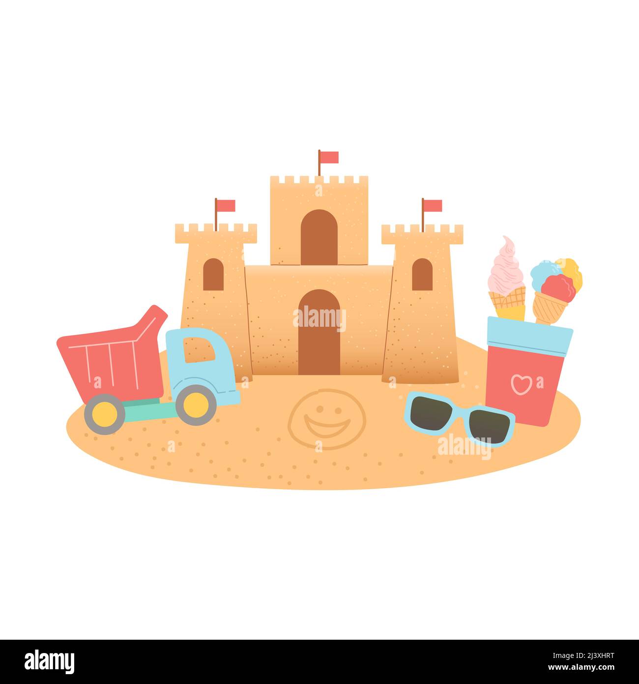 Hallo Sommer Satz von Elementen auf Sand, Vektor Stock Vektor