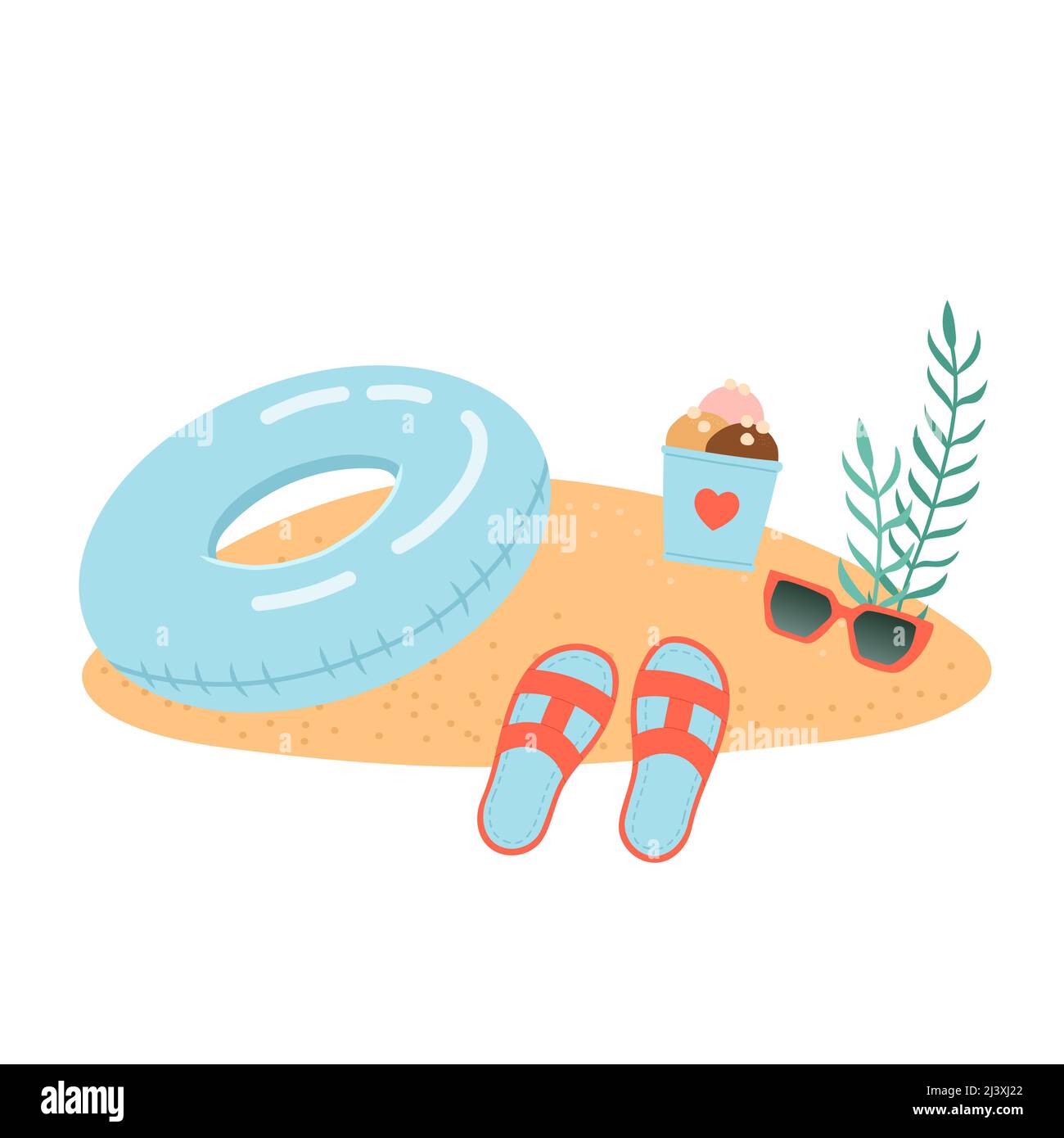 Hallo Sommer Satz von Elementen auf Sand, Vektor Stock Vektor