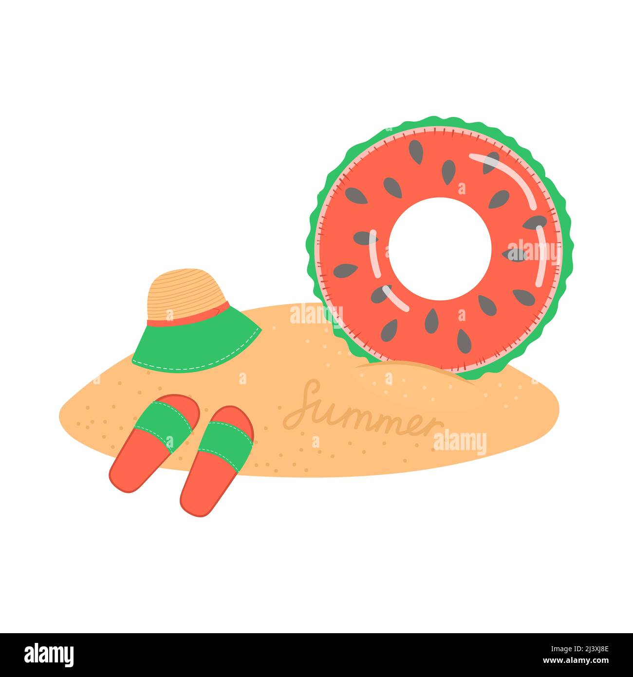 Hallo Sommer Satz von Elementen auf Sand, Vektor Stock Vektor