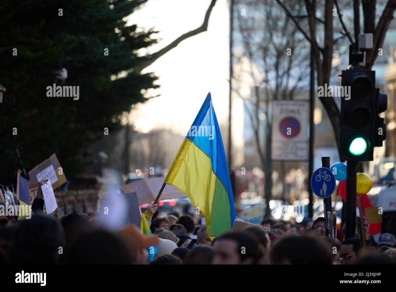 Stand für Protest in der Ukraine, London in der Nähe der russischen Botschaft, Krähe auf der Straße mit ukrainischer Flagge, die für Demokratie und Menschenrechte einsteht Stockfoto