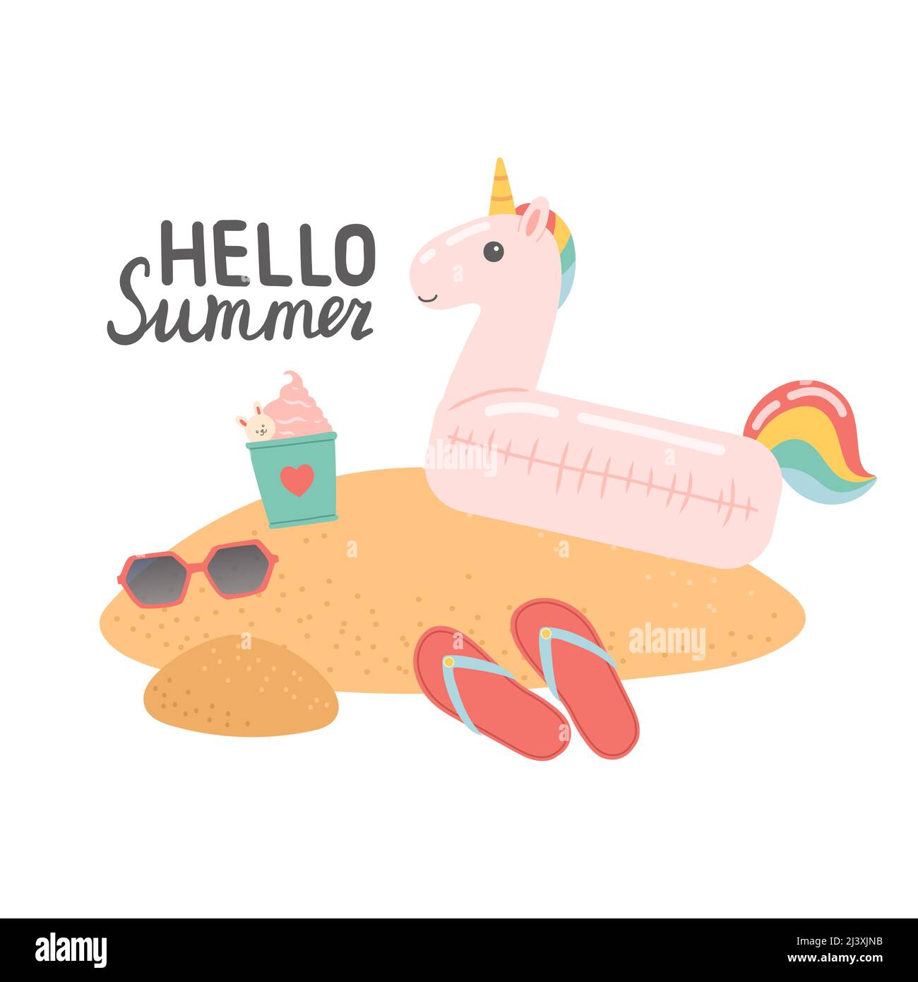 Hallo Sommer Satz von Elementen auf Sand, Vektor Stock Vektor