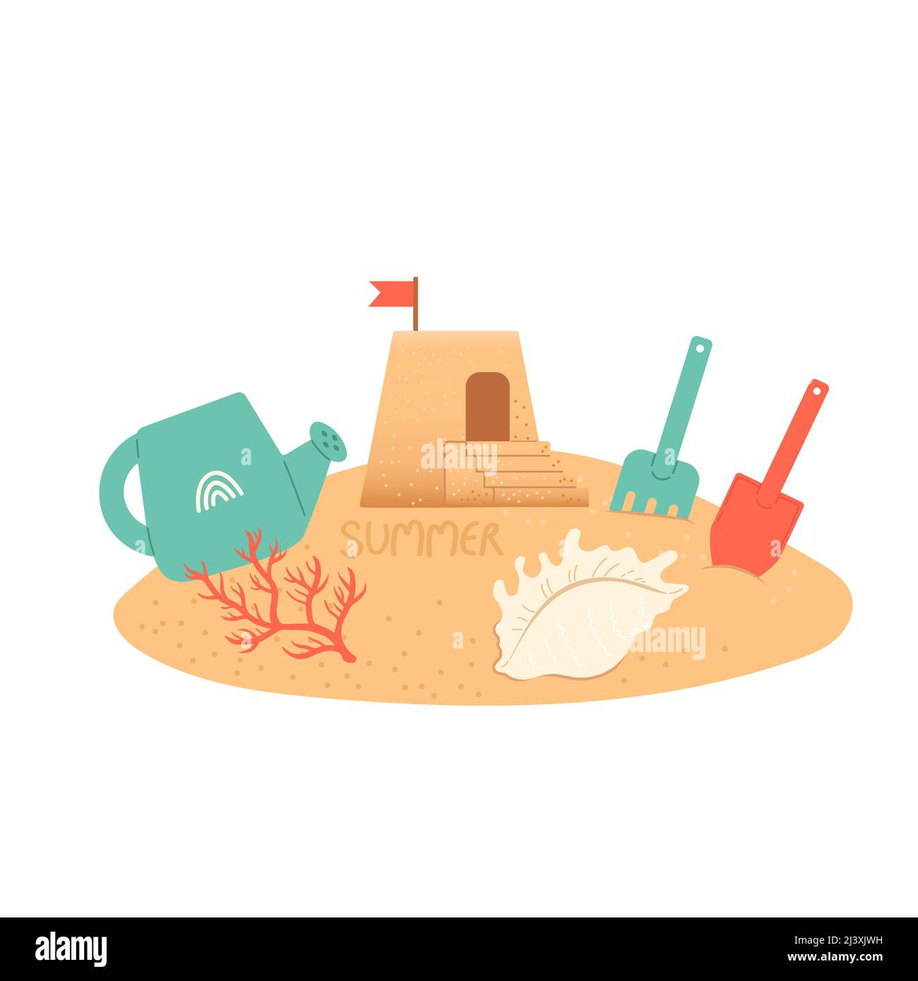Hallo Sommer Satz von Elementen auf Sand, Vektor Stock Vektor