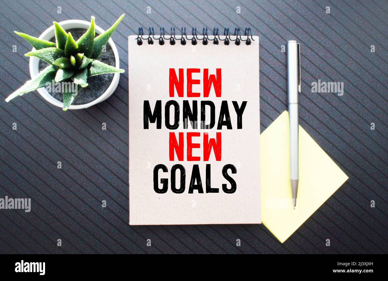 New Monday New Goals-Konzept für den Büro-Desktop von oben mit Büromaterial Stockfoto