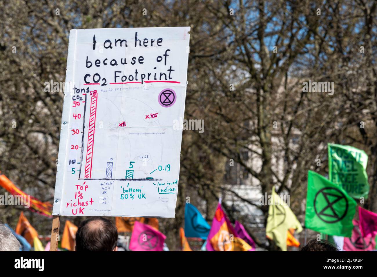 Extinction Rebellion Protestierende startenden in London ab dem 9. April 2022 eine Phase ziviler Störungen. Plakat mit Grafik von CO2 Fußabdruck Stockfoto