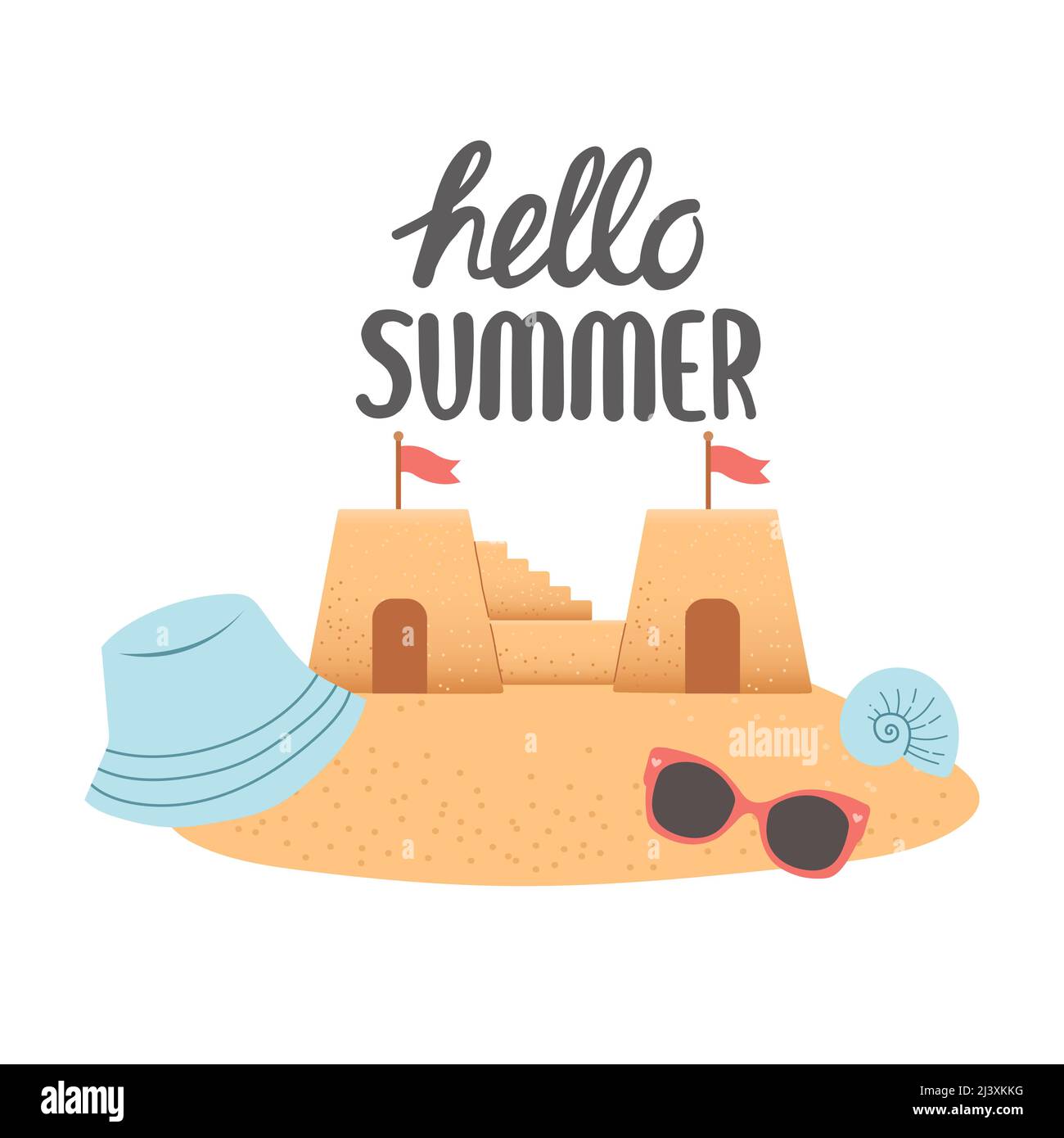 Hallo Sommer Satz von Elementen auf Sand, Vektor Stock Vektor