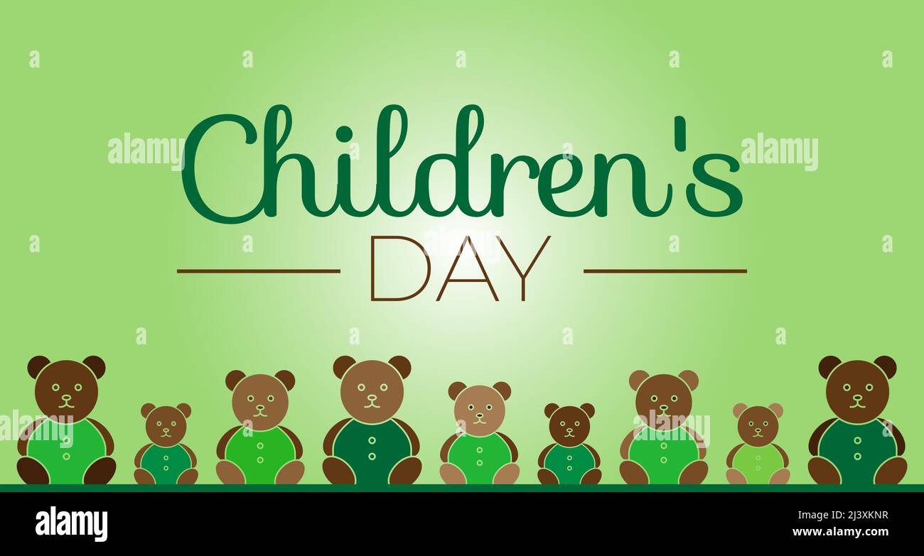 Kindertag Hintergrundillustration in Grün mit Bärenspielzeug Stock Vektor