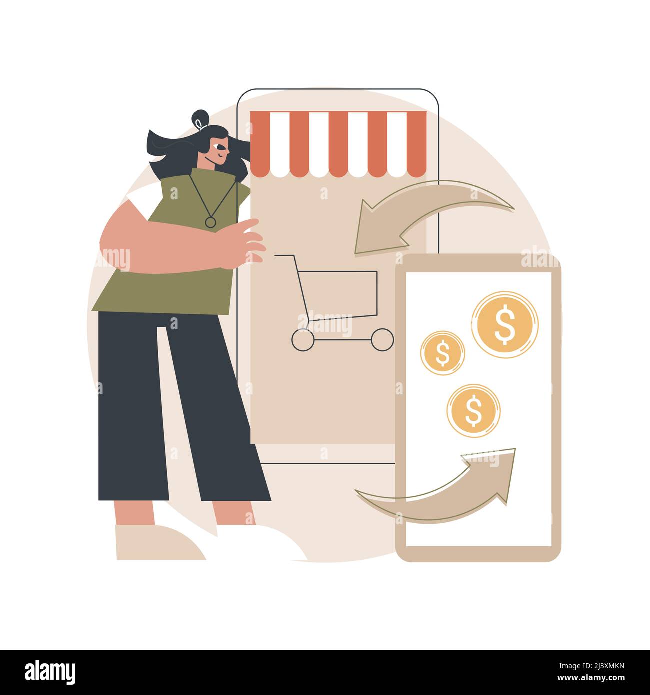 Abstrakte Konzeptdarstellung für die Inzahlungnahme mobiler Geräte. Verkaufen Sie alte mobile Gerät, Trade-in Einzelhandel, lassen Sie uns Ihr gebrauchter Handy, buybac Stock Vektor