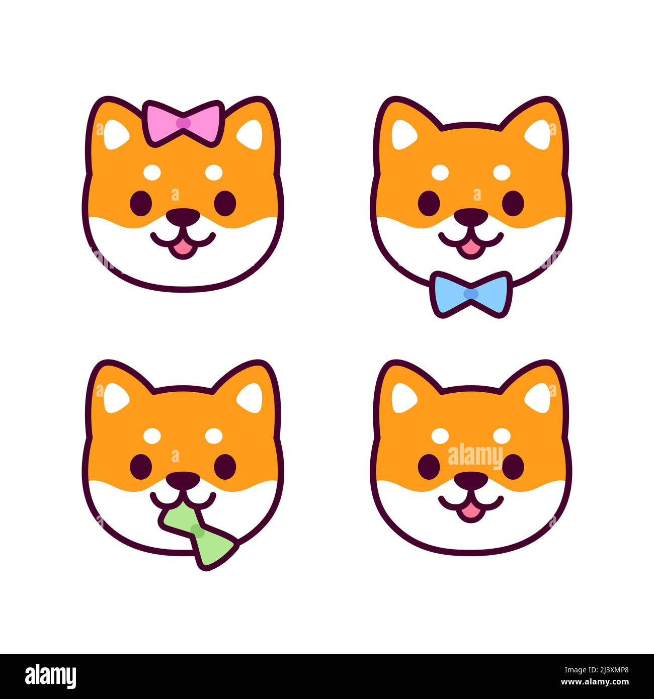 Niedliche Cartoon Shiba Inu Welpen Geschlecht Identität Symbole mit Farbe Schleife. Junge, Mädchen und geschlechtsneutral (nicht binär). Kawaii-Hundevektor-Illustrationsset. Stock Vektor