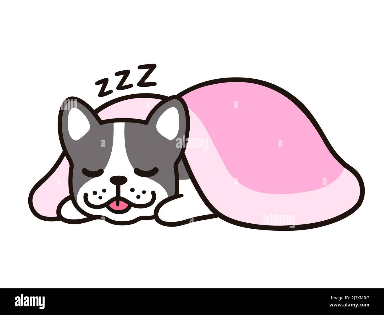 Niedliche Cartoon Französisch Bulldogge schlafen unter rosa Decke. Liebenswert kawaii Hund handgezeichnete Doodle. Isolierte Vektor-Clip-Art-Illustration. Stock Vektor