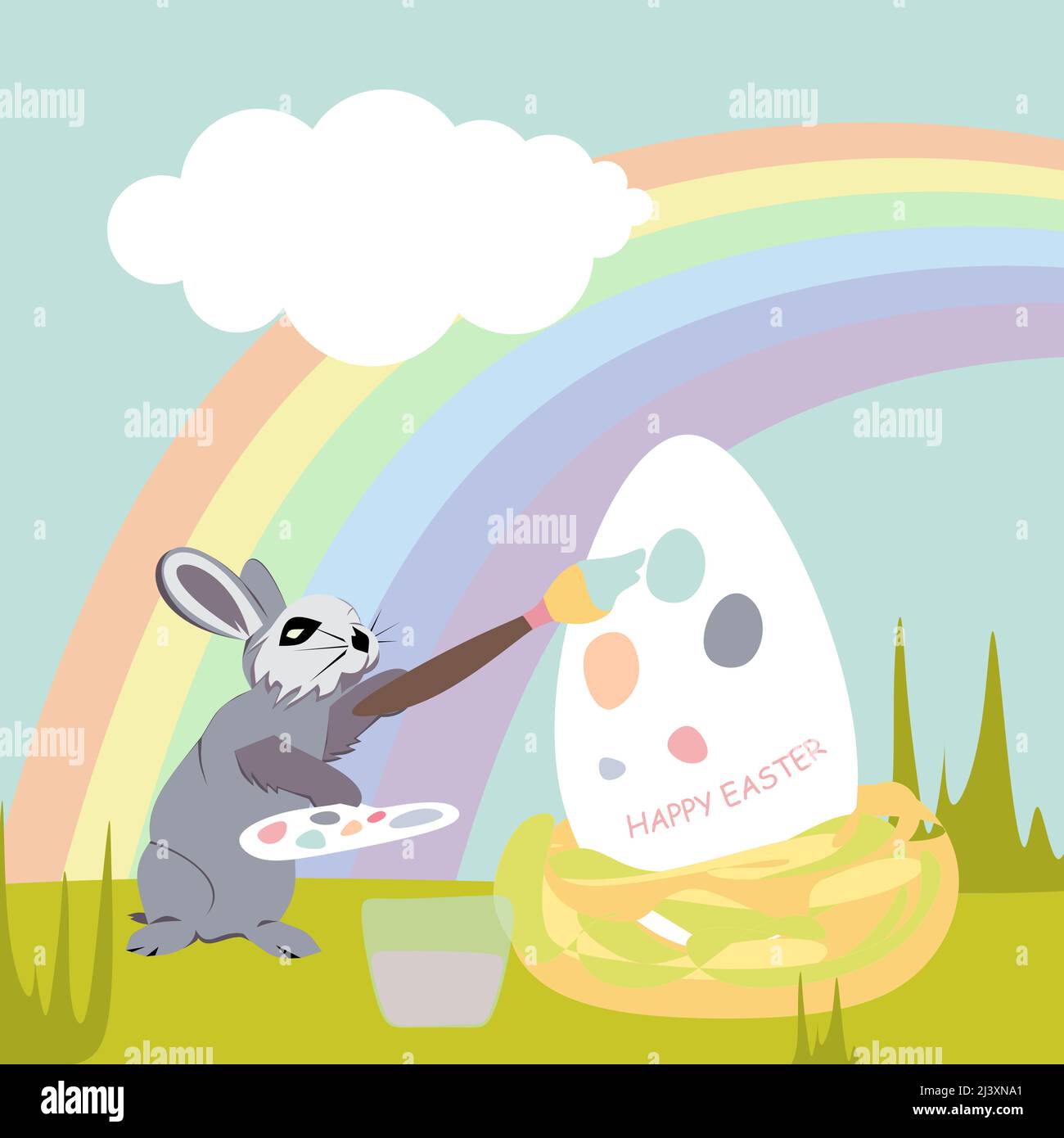 Ein Osterhase malt vor dem Hintergrund von Regenbögen und Wolken ein Asterei mit Pastellfarben. Happy Easter Vektor isoliert niedlichen Illustration in der Vergangenheit Stock Vektor