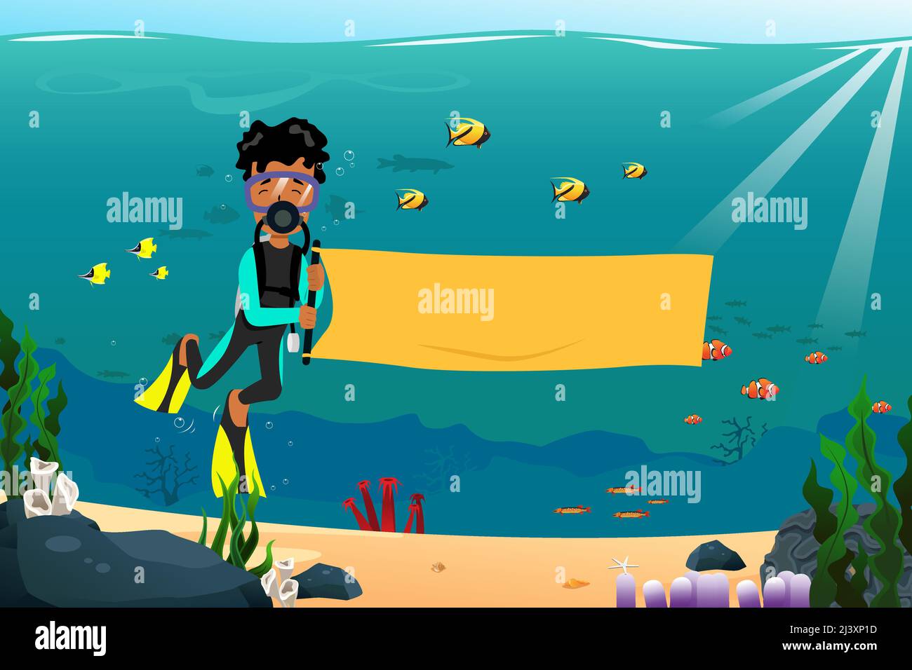 Eine Vektordarstellung des Zeichentrickfilm „Unterwasser-Tauch mit leerem Banner“ Stock Vektor