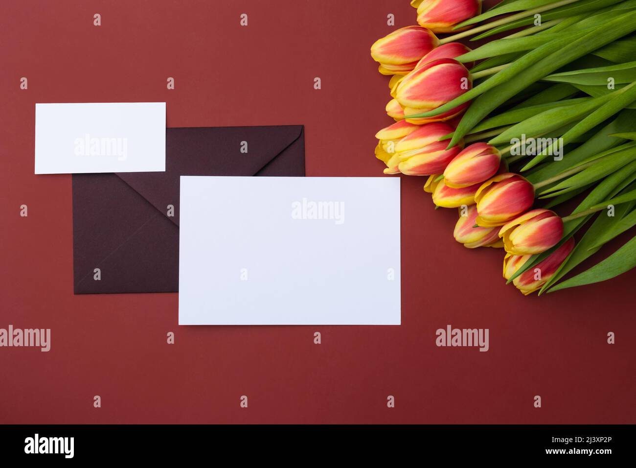 Blank sauber minimal Visitenkarte Mockup und elegante Grußkarte mit Bouquet von Tulpen Stockfoto