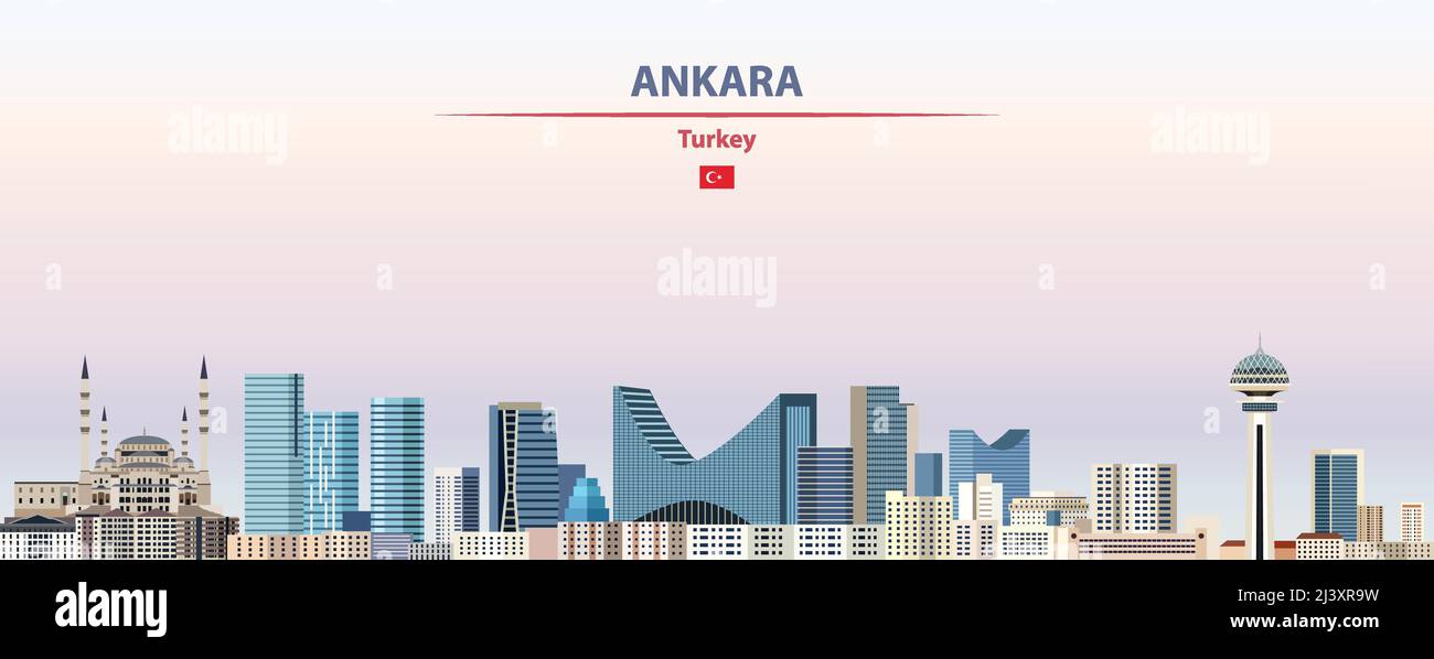 Ankara Stadtbild auf Sonnenuntergang Himmel Hintergrund Vektorgrafik mit Land und Stadt Namen und mit Flagge der Türkei Stock Vektor