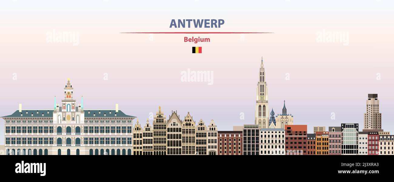 Antwerpener Stadtbild auf Sonnenuntergang Himmel Hintergrund Vektor-Illustration mit Land- und Stadtnamen und mit Flagge von Belgien Stock Vektor