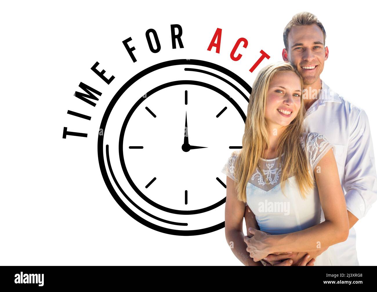 Porträt des kaukasischen Paares gegen Uhr Symbol mit Zeit für Akt Text auf weißem Hintergrund Stockfoto