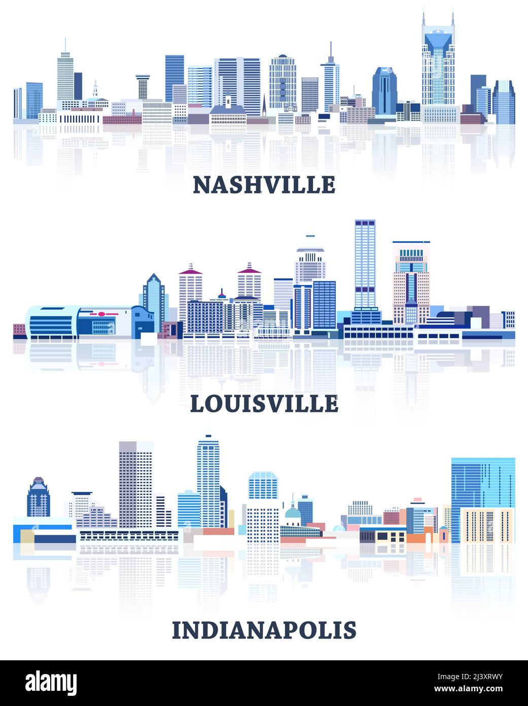 vektor-Sammlung von Stadtlandschaften der Vereinigten Staaten: Nashville, Louisville, Indianapolis Skylines in Blautönen Farbpalette. Сrystal Ästhetik Stil Stock Vektor