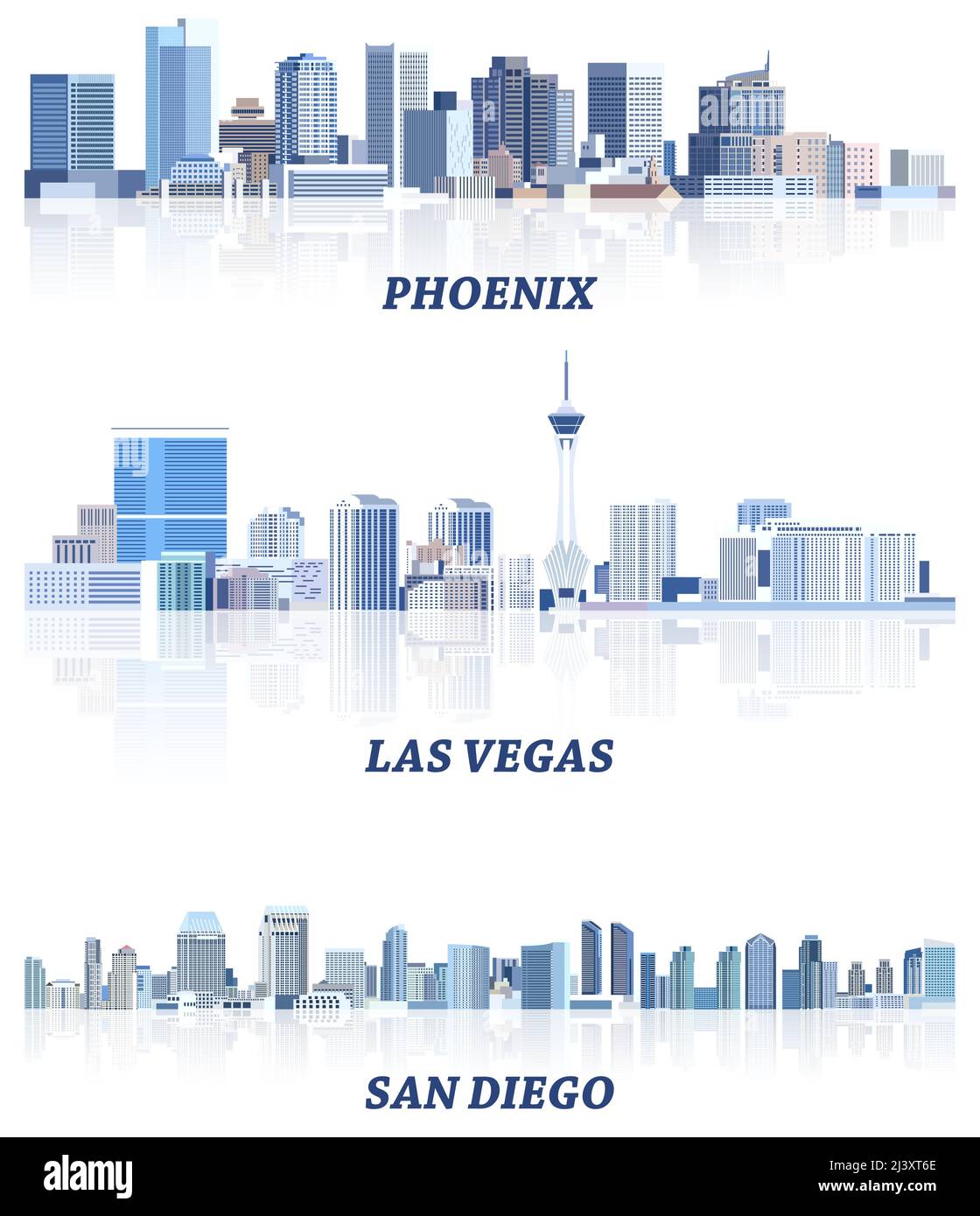 vektor-Sammlung von Stadtansichten der Vereinigten Staaten: Phoenix, Las Vegas, San Diego Skylines in Blautönen Farbpalette. Сrystal Ästhetik Stil Stock Vektor