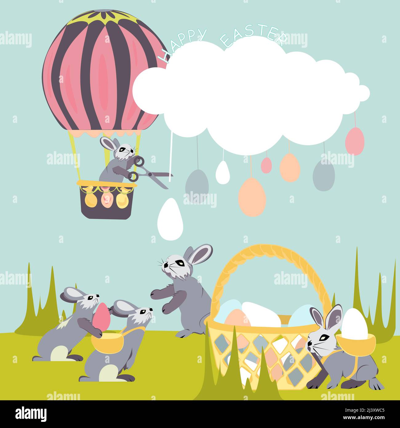 Der Osterhase fliegt auf einem Luftballon zwischen den Wolken durch den Himmel und schneidet Ostereier mit einer Schere ab. Eier hängen in Form von spr an Saiten Stock Vektor