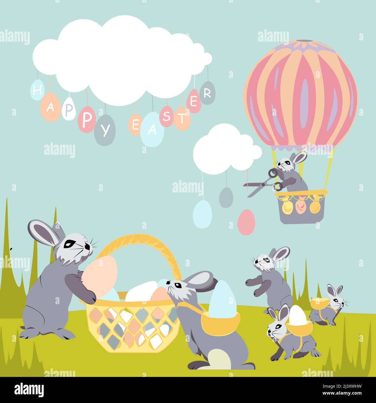 Der Osterhase fliegt auf einem Luftballon zwischen den Wolken durch den Himmel und schneidet Ostereier mit einer Schere ab. Eier hängen in Form von spr an Saiten Stock Vektor