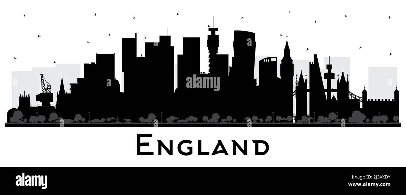Skyline von England mit schwarzen Gebäuden isoliert auf Weiß. Vektorgrafik. Konzept mit historischer Architektur. Das Stadtbild Englands. Stock Vektor