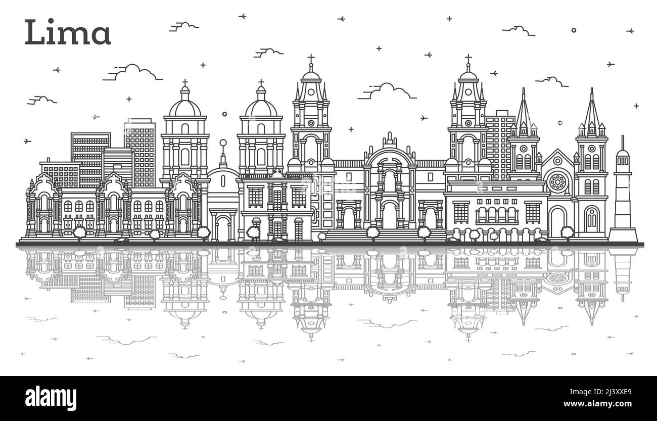 Umreißen Sie die Skyline von Lima Peru mit modernen und historischen Gebäuden und Reflektionen, die auf Weiß isoliert sind. Vektorgrafik. Stadtbild von Lima mit Wahrzeichen Stock Vektor
