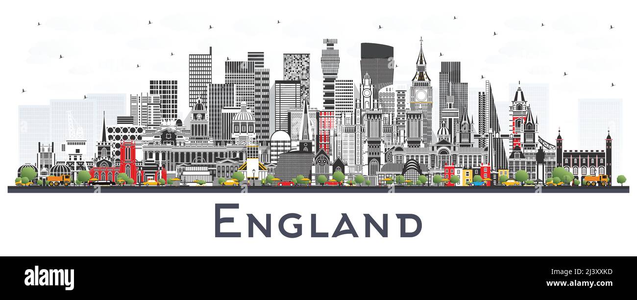Skyline von England mit grauen Gebäuden, isoliert auf Weiß. Vektorgrafik. Konzept mit historischer Architektur. Stadtbild von England mit Wahrzeichen. Stock Vektor
