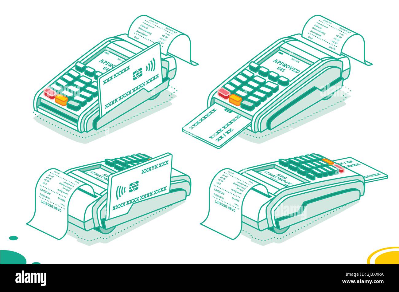 Isometrisches POS-Terminal mit isolierten Kreditkarten- und Kassenbon auf weißem Hintergrund. Zahlungsmaschine. Sichere Zahlung. Vektorgrafik. Stock Vektor
