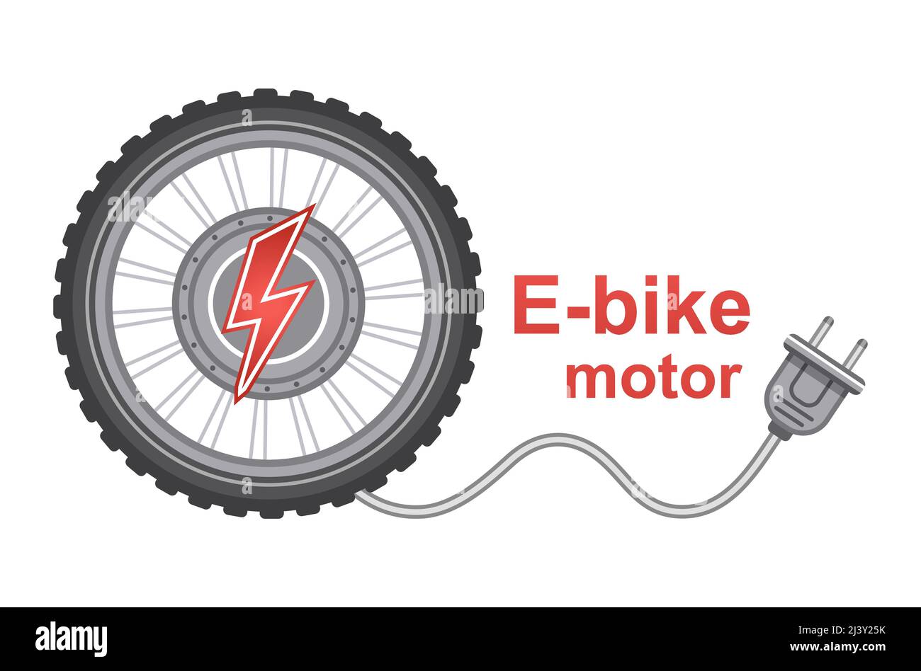 Symbol für E-Bike-Radmotor. Elektromotor mit Radnabe und Stecker. Laden der Batterie des elektrischen Akkumulators Elektro-Komponenten-Hybrid-Fahrrad. Vektor Stock Vektor
