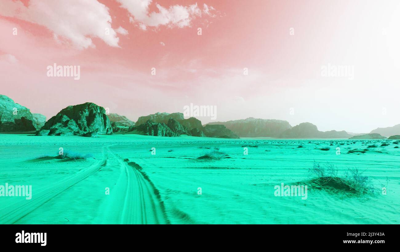 Abstrakter Raum mit Sand und Felsen. Modernes pazifisches Pink und Limonengrün Farben Lichtspektrum. Geheimnisvolle kosmische Landschaft, virtuelle Realität. Stockfoto