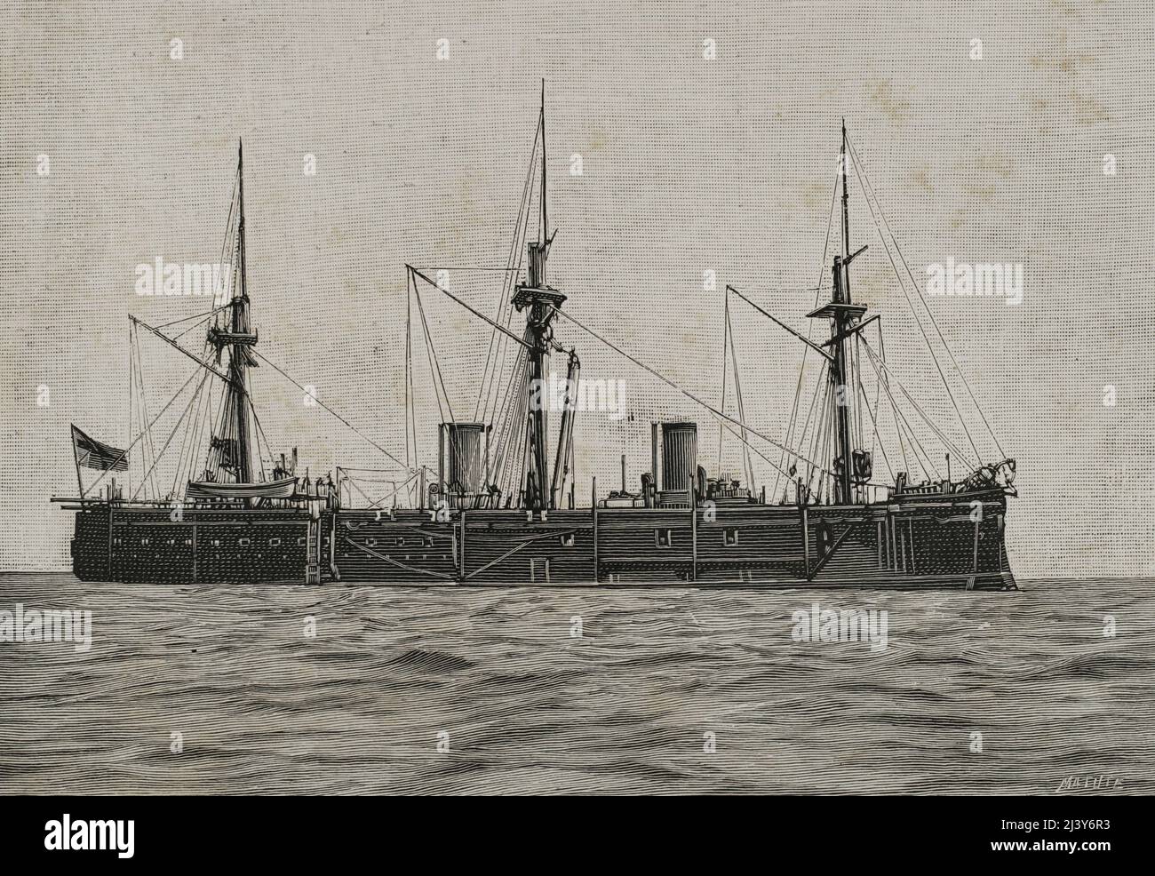Das Deutsche Ostasiengeschwader. China. Das Kriegsschiff der Kaiserlichen Deutschen Marine, Kaiser-Klasse, SMS Deutschland (1875-1904). Es wurde drei Jahre lang dem Ostasien-Geschwader zugewiesen. Gravur von Matute. La Ilustración Española y Americana, 1898. Stockfoto