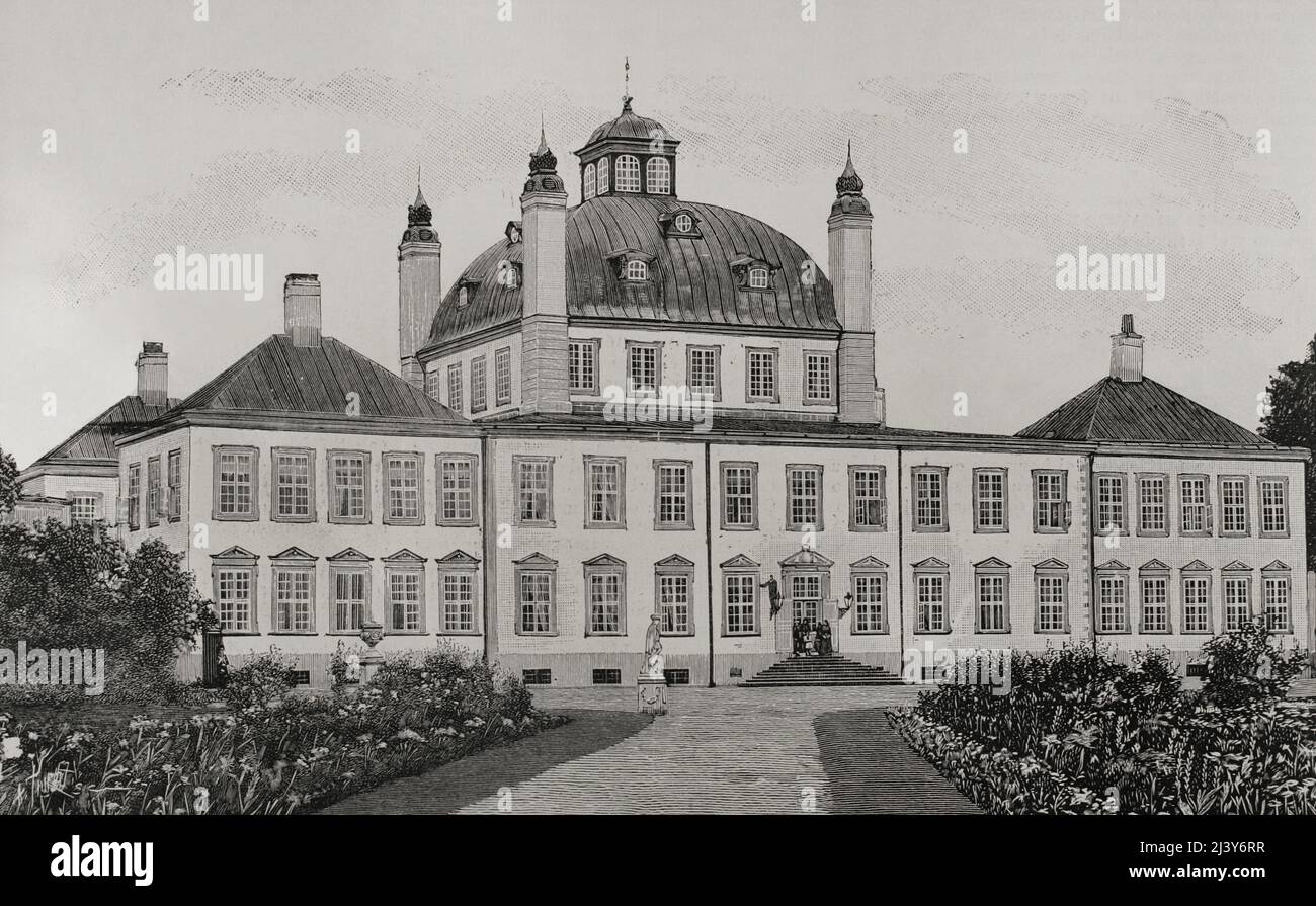 Dänemark. Schloss Fredensborg. Barockes Gebäude aus dem 18.. Jahrhundert am Stadtrand von Kopenhagen. Gravur. La Ilustración Española y Americana, 1898. Stockfoto