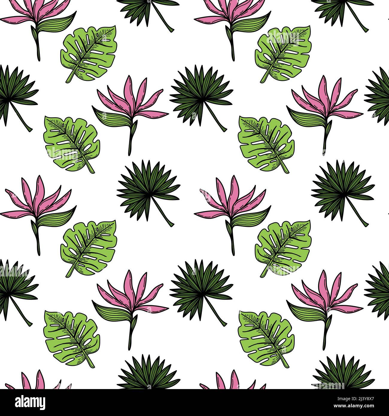 Ein nahtloses Muster aus einer tropischen strelitzia-Blume, Palmen und Blättern. Handgezeichnete Doodle-Stil Elemente, helle Blume und Grün. Tropen. Str Stock Vektor