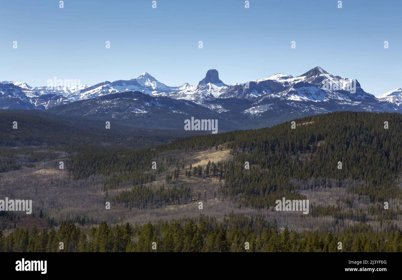 Alberta Foothills Landscape Panorama mit entfernten kanadischen Rocky Mountain Front Range Ghost Area Peaks. Malerische Wanderungen am sonnigen frühen Frühlingstag Stockfoto