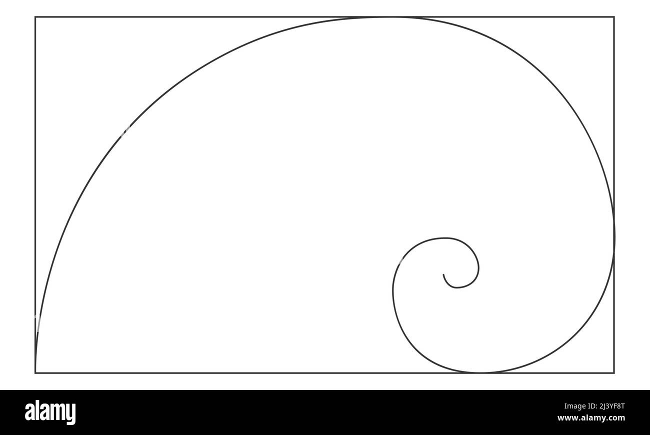 Goldener Schnitt logarithmische Spirale im Rechteckrahmen. Harmony Natur ideale Proportionen Vorlage. Nautilus-Muschelform. Leonardo Fibonacci Sequenzzeichen. Symmetriesymbol. Vektordarstellung Stock Vektor