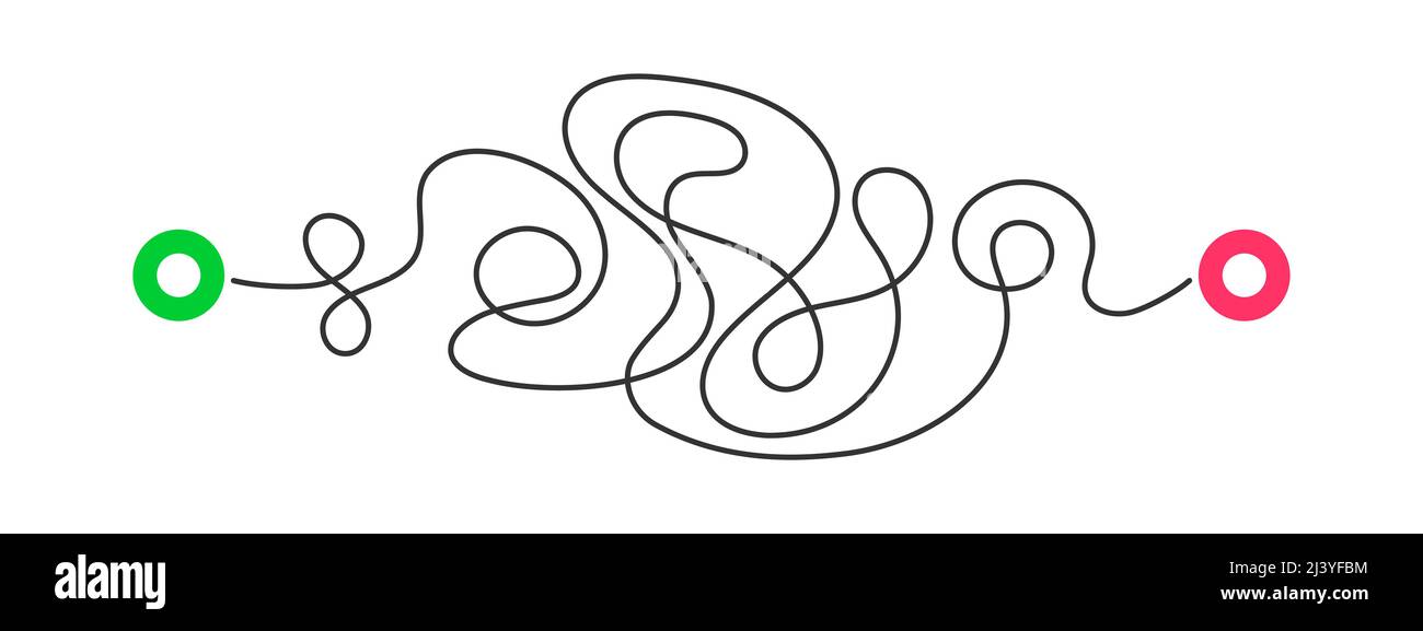 Gekrümmte Linie mit grünem Start- und rotem Endpunkt. Schwieriger Weg, Chaos Pfad, harte Route Symbol isoliert auf weißem Hintergrund. Vektorgrafik flach. Stock Vektor