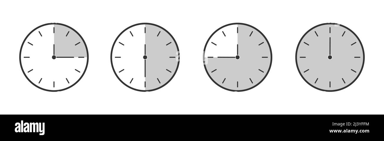 Die Uhr wird mit einem Zeitintervall von 15, 30, 45 Minuten und einer vollen Stunde angezeigt. Wählsymbole eingestellt. Countdown-Timer oder Stoppuhrsymbol. Infografik-Element für Kochen oder Sportspiele. Vektorgrafik flach Stock Vektor