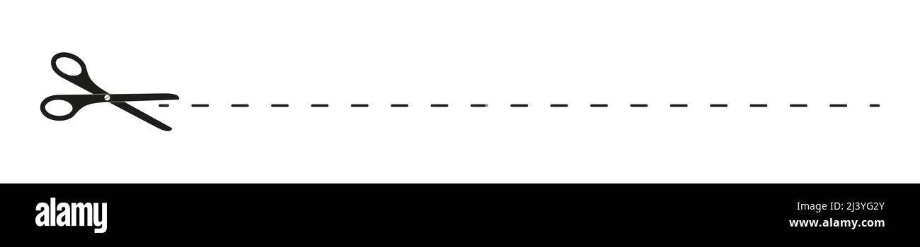 Schere Silhouette mit Strich Schnitt hier Linie. Einfaches grafisches Piktogramm für Gutschein, Gutschein, Etikett, Papierseite. Vektordarstellung auf weißem Hintergrund isoliert Stock Vektor