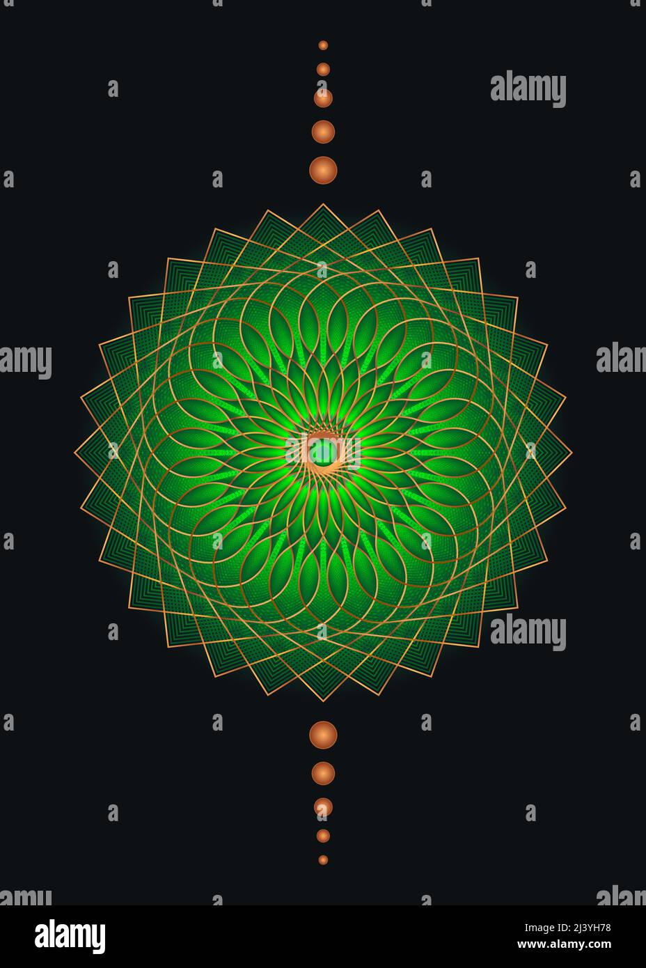 Heilige Geometrie Mandala, grüne Blume Gold meditative Kreis-Ikone, geometrisches Logo Design, mystische religiöse Rad, indische Chakra Konzept, Vektor Stock Vektor