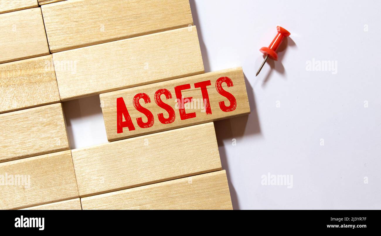 Assets Wort auf Holzblock geschrieben. Stockfoto