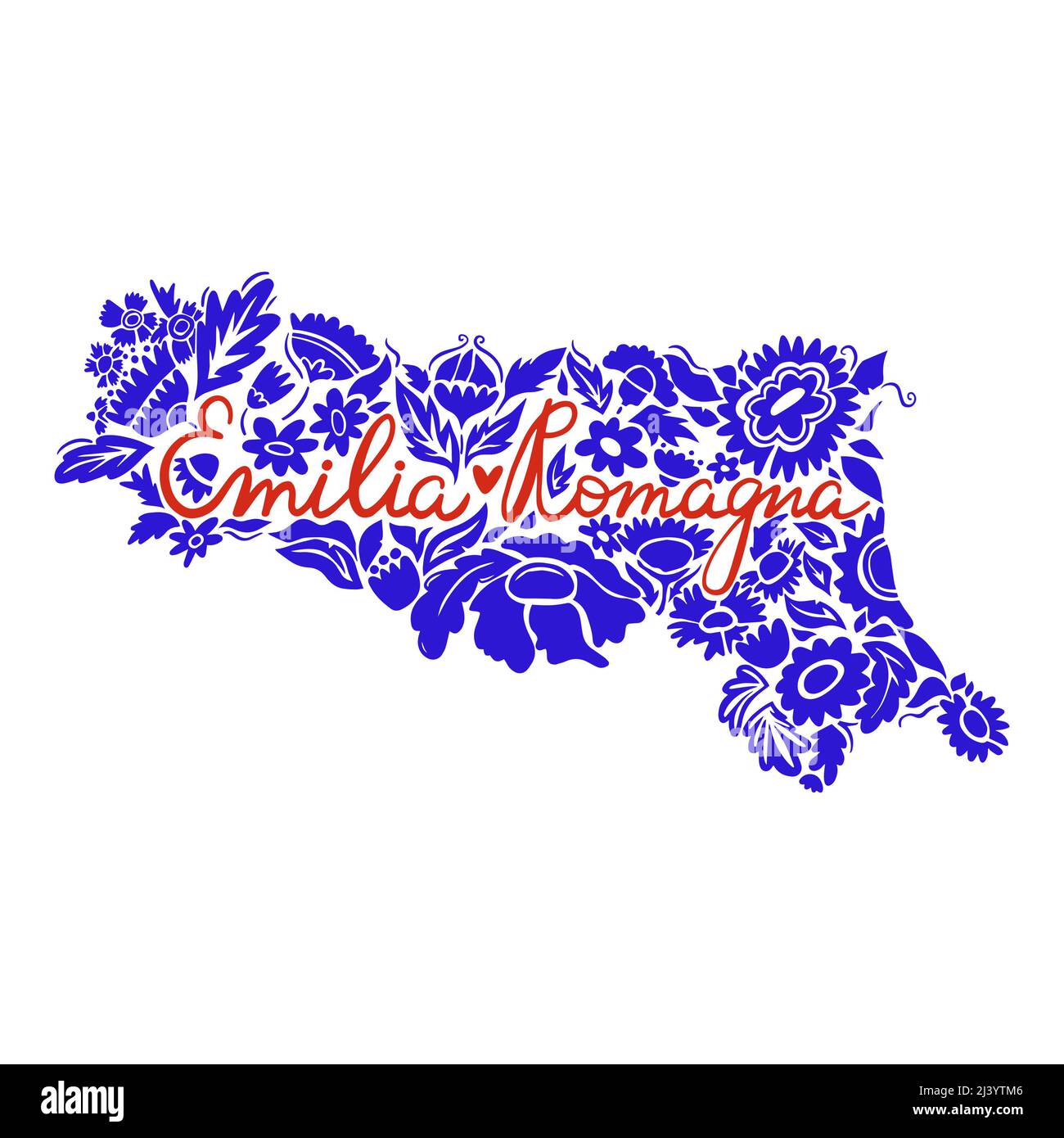 Handgezeichnete Karte der italienischen Region Emilia-Romagna. Mit bunten Blumen. Besuchen Sie Italy Concept. Posterdesign oder Postkartendarstellung. Stockfoto
