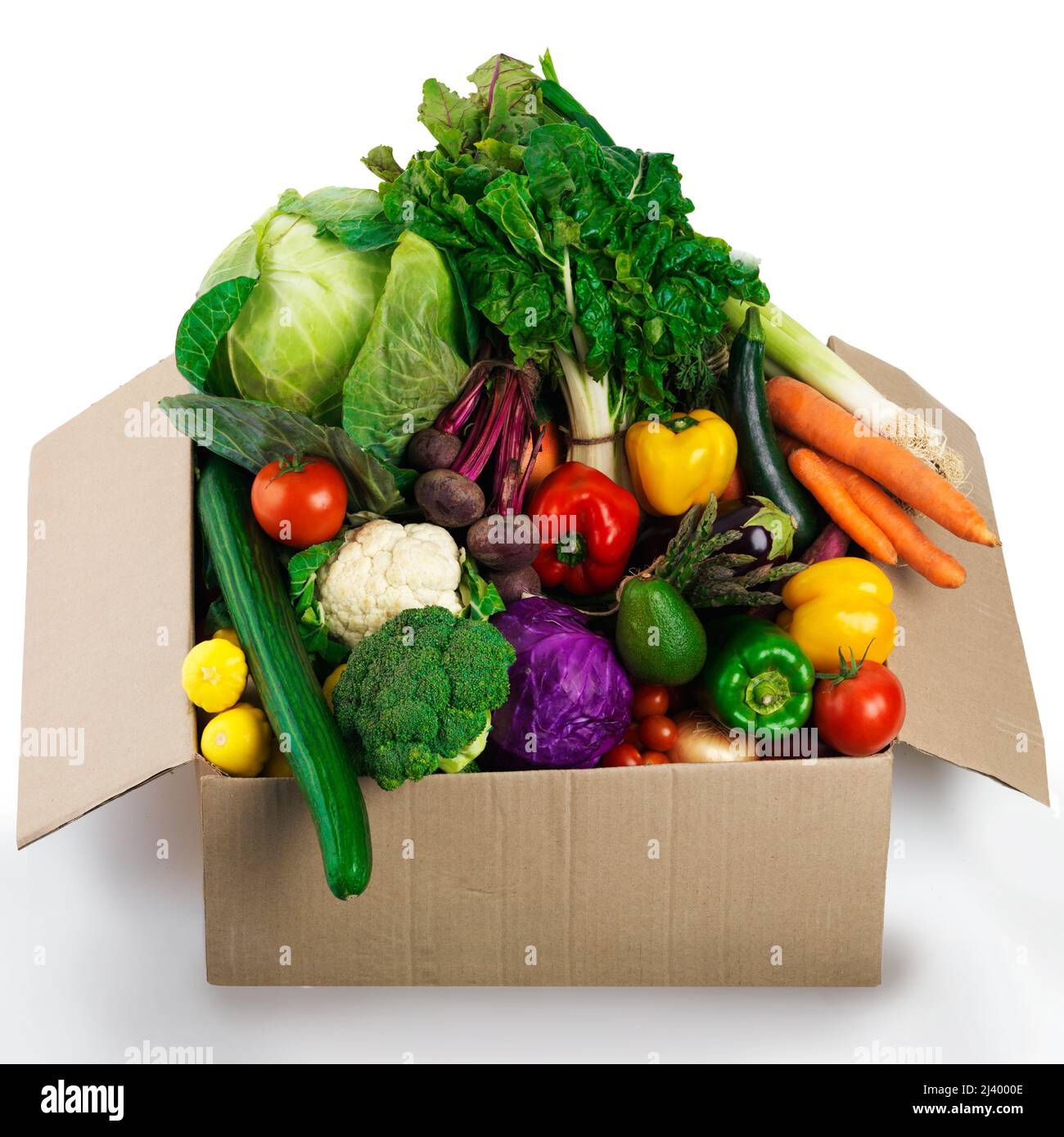 Holen Sie sich Ihre Schachtel mit organischer Güte. Studioaufnahme eines Pappkartons, gefüllt mit Obst und Gemüse. Stockfoto