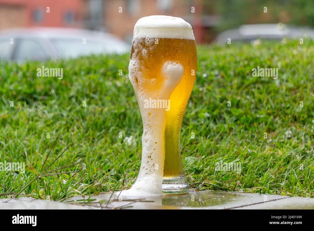 Ein Glas Bier mit Schaum um den Rand auf einem Rasen Stockfoto