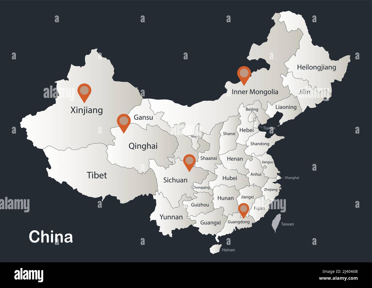 China-Karte, Infografiken flaches Design Farben schneeweiß, mit Namen der einzelnen Regionen Vektor Stock Vektor