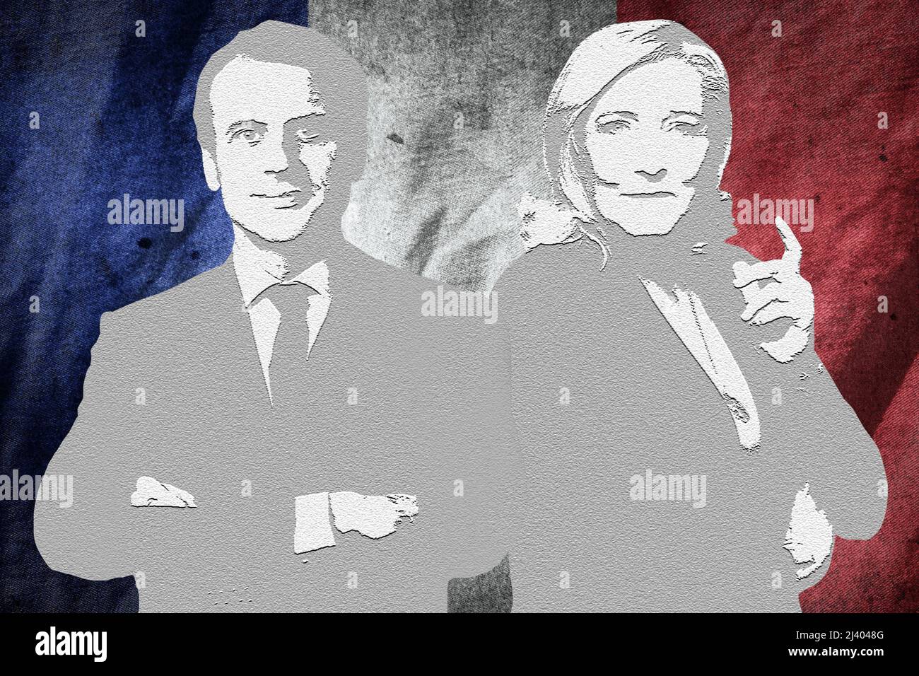 Emmanuel Macron, Marine Le Pen und die französische Flagge Stockfoto