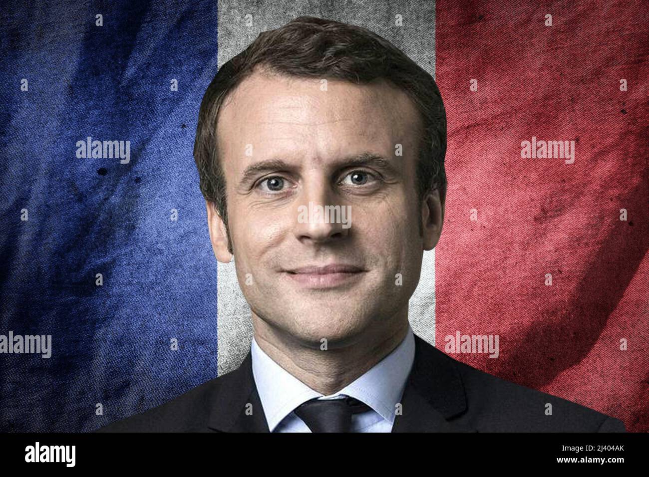 Emmanuel Macron und Flagge Frankreichs Stockfoto