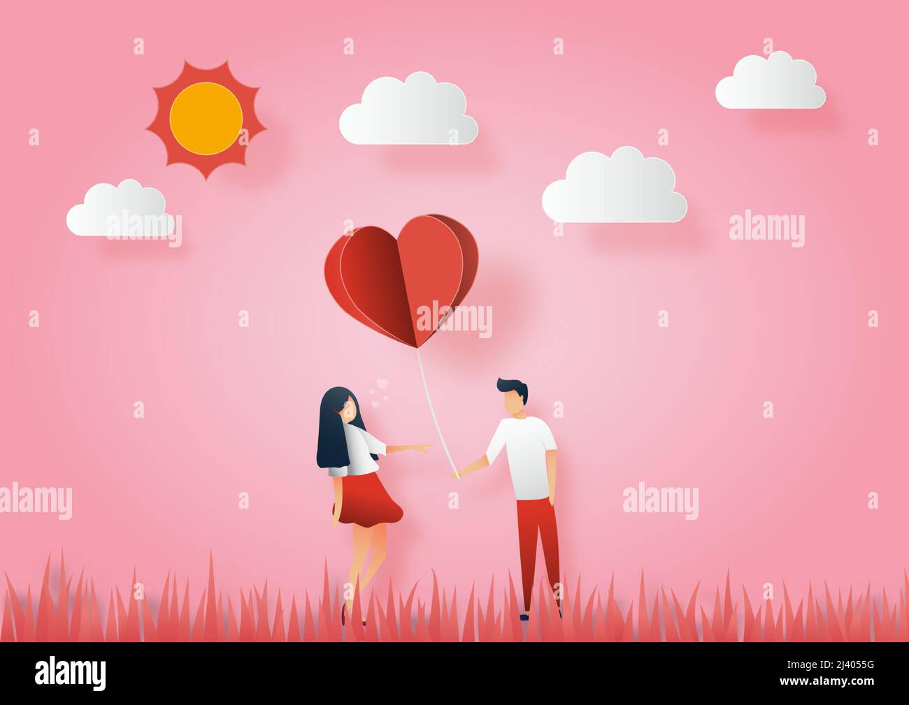 Konzept des valentinstag. Männer geben Frauen Papierherzen. Vektorgrafik Papier Kunst Illustration. Papier geschnitten und Handwerk Stil. Stock Vektor