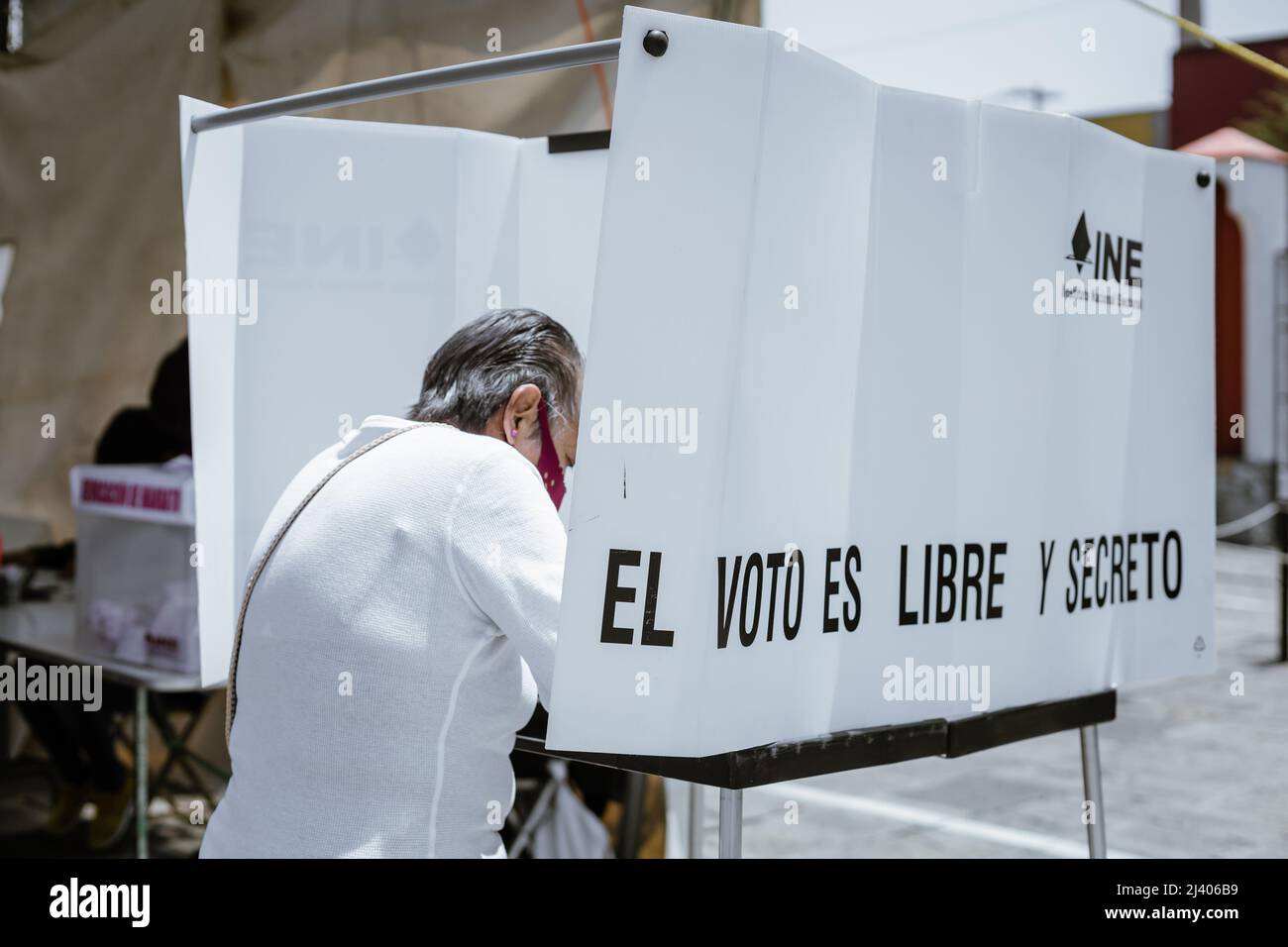 Die Bürger gehen an die Wahlen, um an der Bürgerkonsultation für die Auflösung des Mandats des mexikanischen Präsidenten Andres Manuel Lopez Obrador (A) zu stimmen Stockfoto