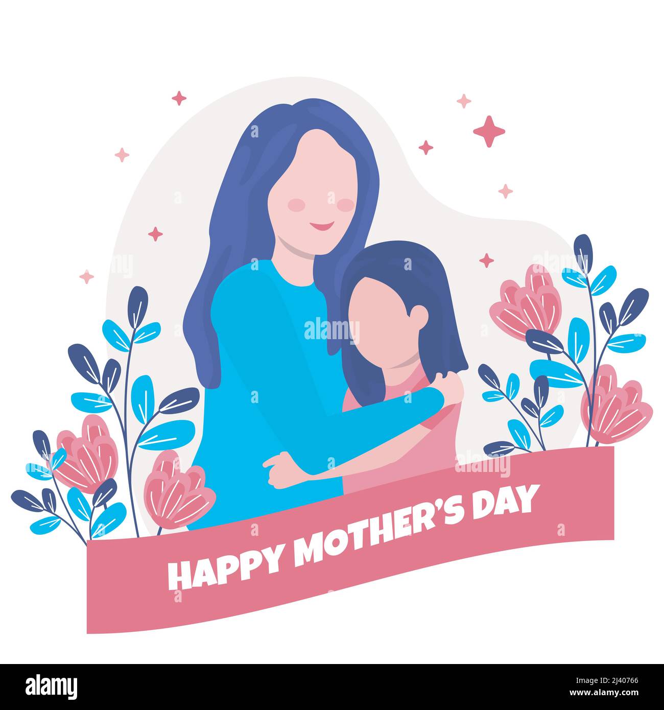 Happy Mother's Day Tochter Kind Blume Blumen flache Illustration Stock Vektor